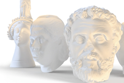 image of white 3d prints of ancient Greek artifacts. One a vessel for holding one and two heads from marble statues