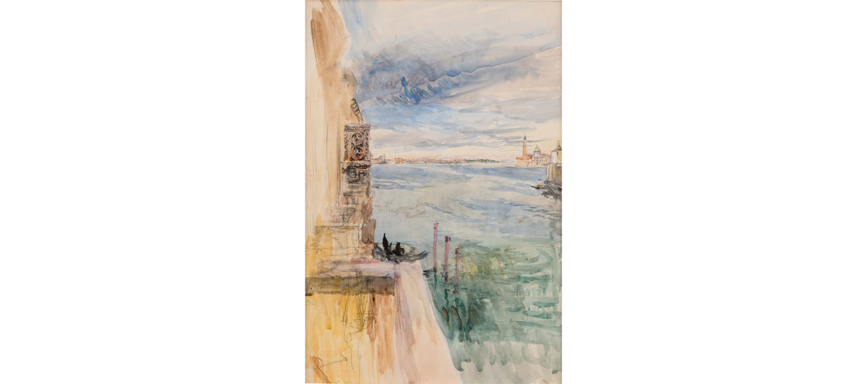 watercolor painting with stone balcony overlooking a body of water